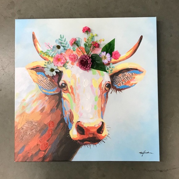 Bohemian Flower Crown Cow Painting Wall Art vegan